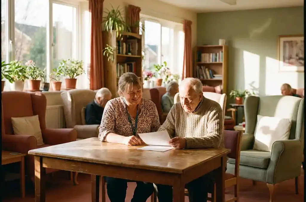 Zorgmedewerker en oudere volwassene bekijken samen een formulier aan een houten tafel in een lichte, plantrijke dagactiviteitenruimte.